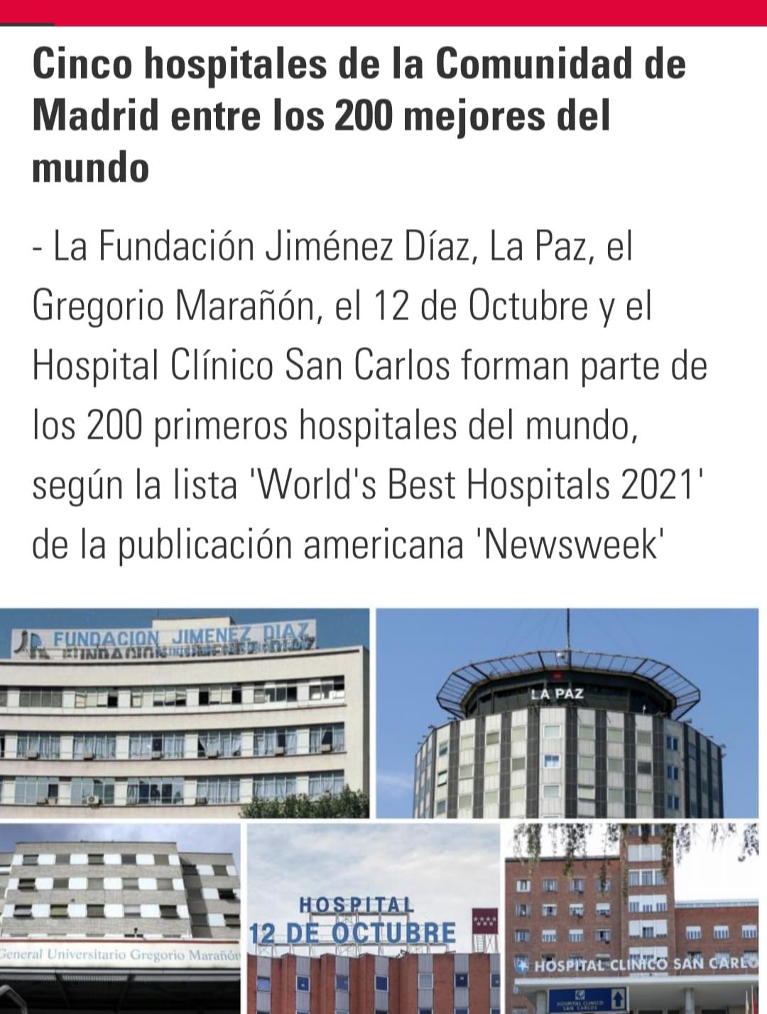 CINCO HOSPITALES DE LA COMUNIDAD DE MADRID ENTRE LOS 200 MEJORES DEL MUNDO